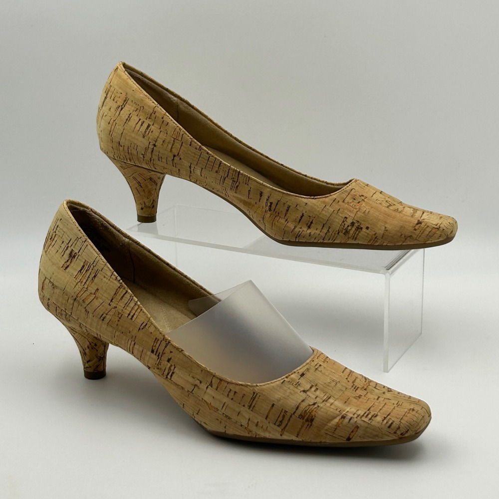 Aerosoles Cheerful Pumps Womens 8.5 Tan Cork Kitten Heel Square Toe Coastal Core
